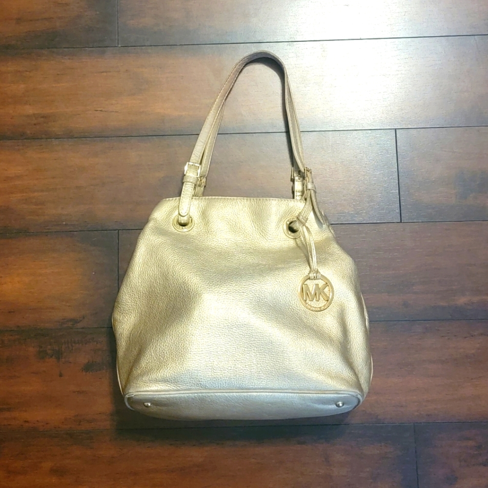 MICHAEL KORS GOLD PEBBLED LEATHER SATCHEL SHOULDER HANDBAG PURSE
